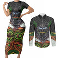 Penrith Panthers Couples Matching Short Sleeve Bodycon Dress and Long Sleeve Button Shirt The Scream of Lightning Eyes - Indigenous Dot Ripping Effect