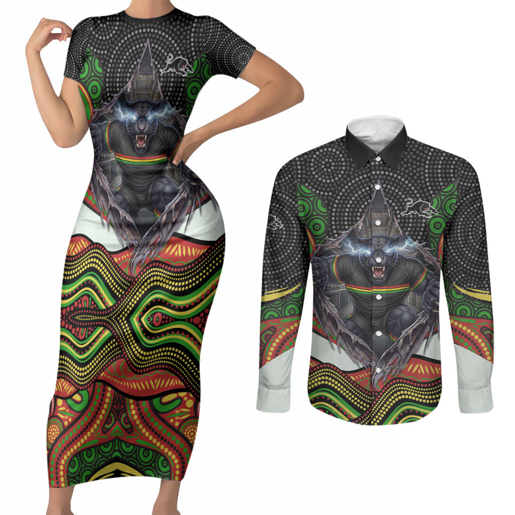 Penrith Panthers Couples Matching Short Sleeve Bodycon Dress and Long Sleeve Button Shirt The Scream of Lightning Eyes - Indigenous Dot Ripping Effect