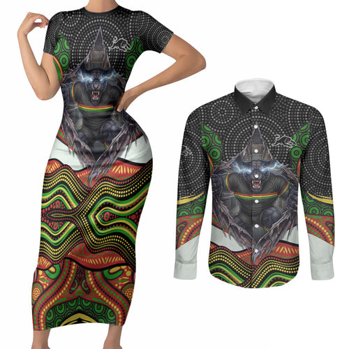 Penrith Panthers Couples Matching Short Sleeve Bodycon Dress and Long Sleeve Button Shirt The Scream of Lightning Eyes - Indigenous Dot Ripping Effect