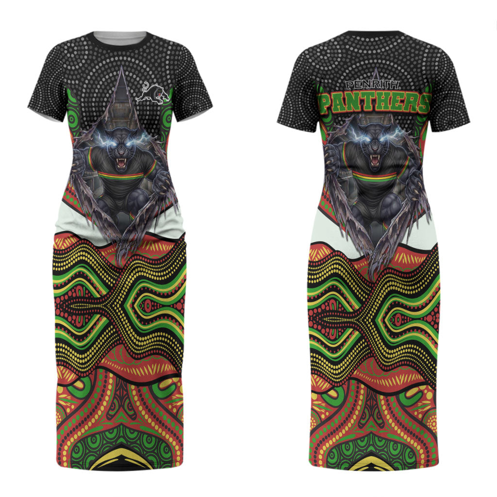 Penrith Panthers Couples Matching Short Sleeve Bodycon Dress and Long Sleeve Button Shirt The Scream of Lightning Eyes - Indigenous Dot Ripping Effect