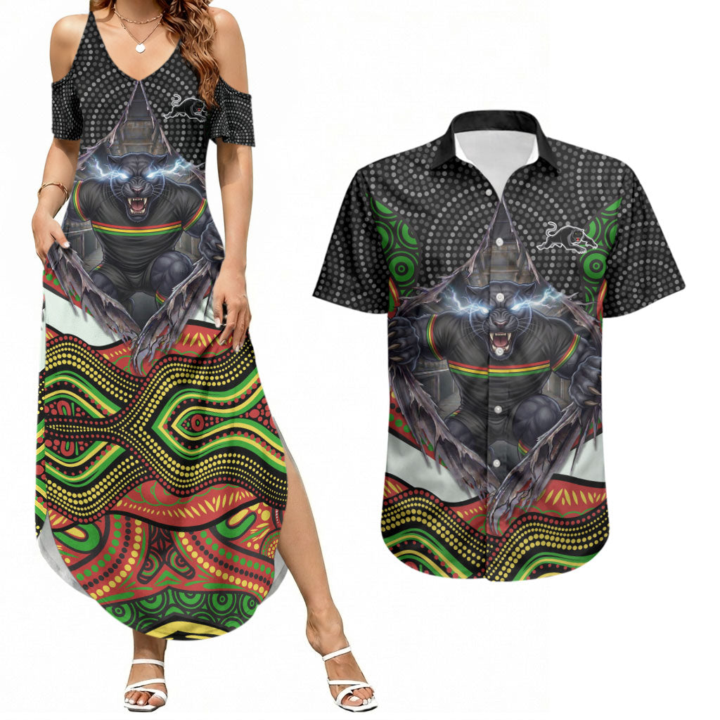 Penrith Panthers Couples Matching Summer Maxi Dress and Hawaiian Shirt The Scream of Lightning Eyes - Indigenous Dot Ripping Effect