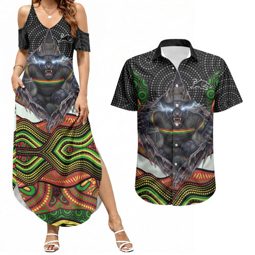 Penrith Panthers Couples Matching Summer Maxi Dress and Hawaiian Shirt The Scream of Lightning Eyes - Indigenous Dot Ripping Effect