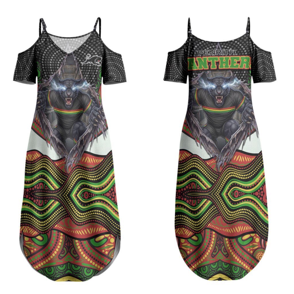 Penrith Panthers Couples Matching Summer Maxi Dress and Hawaiian Shirt The Scream of Lightning Eyes - Indigenous Dot Ripping Effect