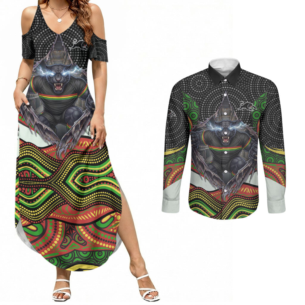 Penrith Panthers Couples Matching Summer Maxi Dress and Long Sleeve Button Shirt The Scream of Lightning Eyes - Indigenous Dot Ripping Effect