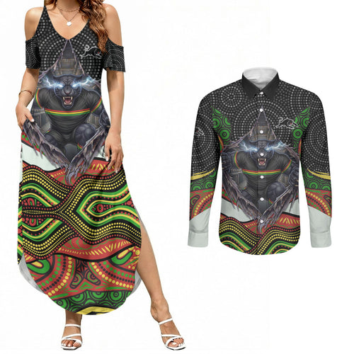 Penrith Panthers Couples Matching Summer Maxi Dress and Long Sleeve Button Shirt The Scream of Lightning Eyes - Indigenous Dot Ripping Effect