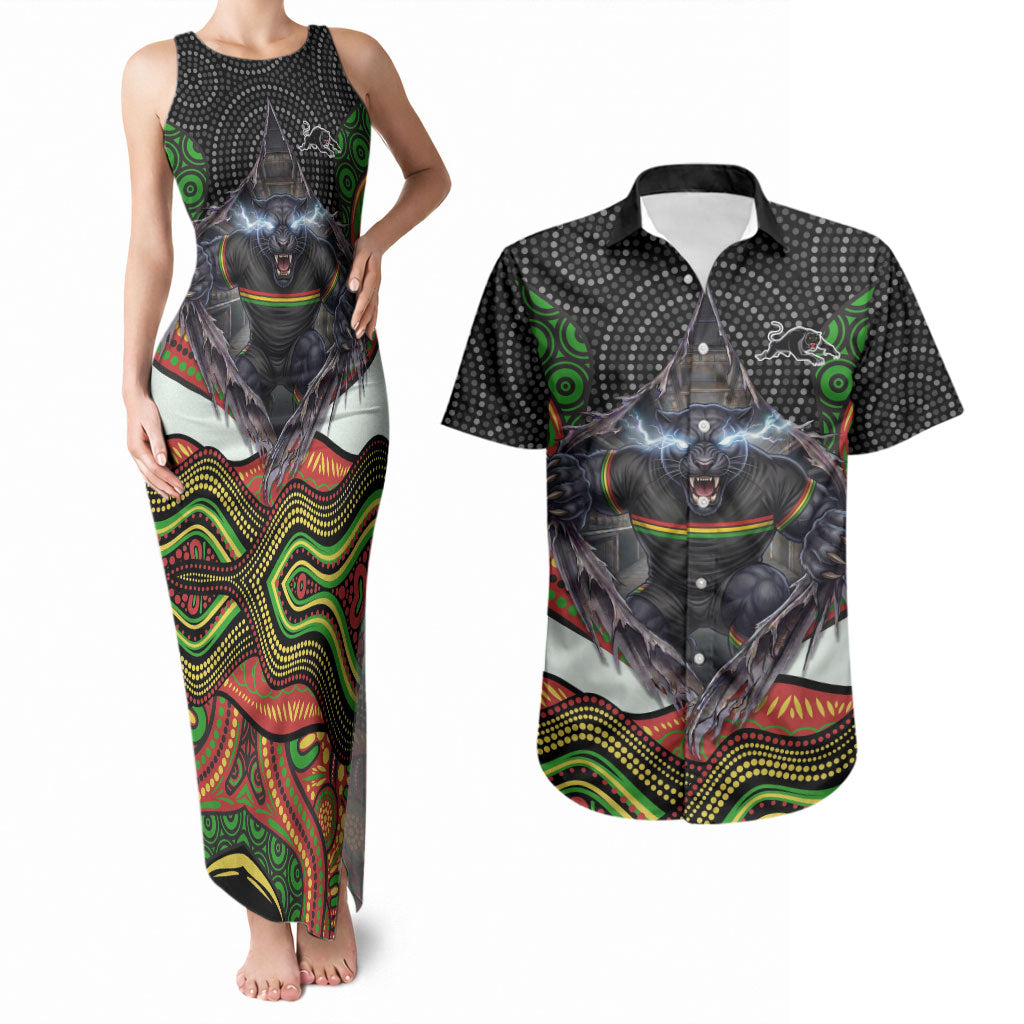 Penrith Panthers Couples Matching Tank Maxi Dress and Hawaiian Shirt The Scream of Lightning Eyes - Indigenous Dot Ripping Effect