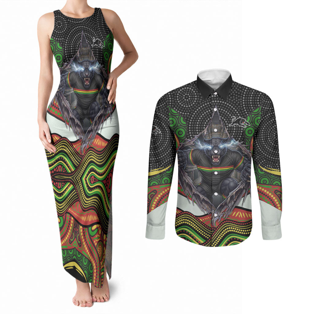 Penrith Panthers Couples Matching Tank Maxi Dress and Long Sleeve Button Shirt The Scream of Lightning Eyes - Indigenous Dot Ripping Effect