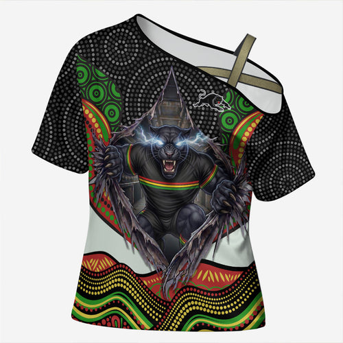 Penrith Panthers Cross Shoulder Shirt The Scream of Lightning Eyes - Indigenous Dot Ripping Effect