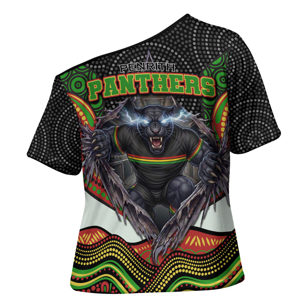 Penrith Panthers Cross Shoulder Shirt The Scream of Lightning Eyes - Indigenous Dot Ripping Effect