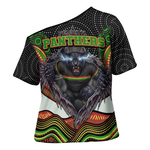 Penrith Panthers Cross Shoulder Shirt The Scream of Lightning Eyes - Indigenous Dot Ripping Effect