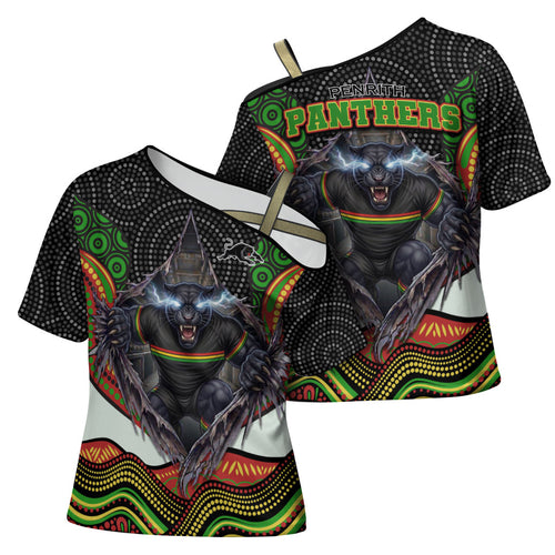 Penrith Panthers Cross Shoulder Shirt The Scream of Lightning Eyes - Indigenous Dot Ripping Effect