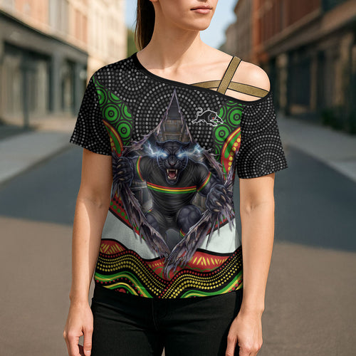 Penrith Panthers Cross Shoulder Shirt The Scream of Lightning Eyes - Indigenous Dot Ripping Effect