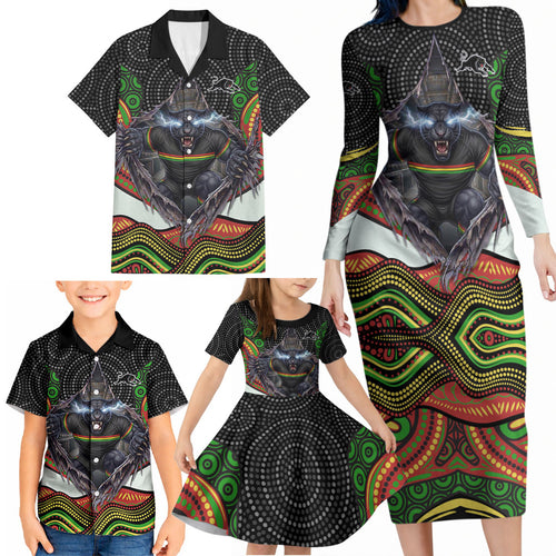 Penrith Panthers Family Matching Long Sleeve Bodycon Dress and Hawaiian Shirt The Scream of Lightning Eyes - Indigenous Dot Ripping Effect