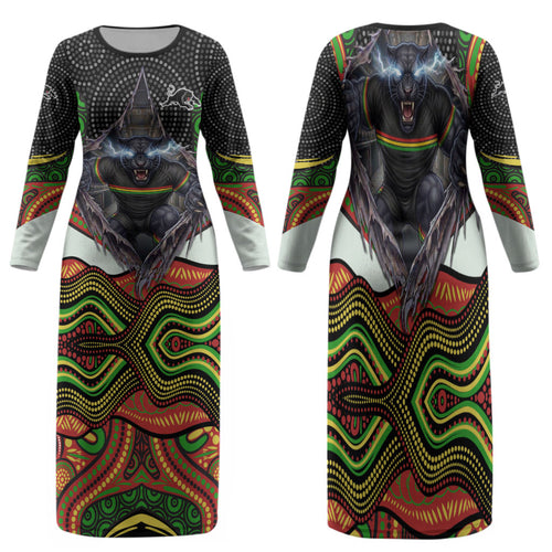 Penrith Panthers Family Matching Long Sleeve Bodycon Dress and Hawaiian Shirt The Scream of Lightning Eyes - Indigenous Dot Ripping Effect