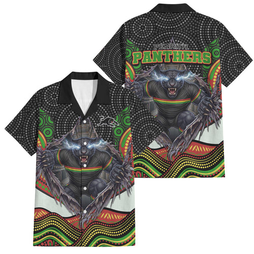 Penrith Panthers Family Matching Long Sleeve Bodycon Dress and Hawaiian Shirt The Scream of Lightning Eyes - Indigenous Dot Ripping Effect