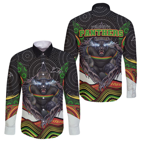 Penrith Panthers Family Matching Long Sleeve Bodycon Dress and Hawaiian Shirt The Scream of Lightning Eyes - Indigenous Dot Ripping Effect