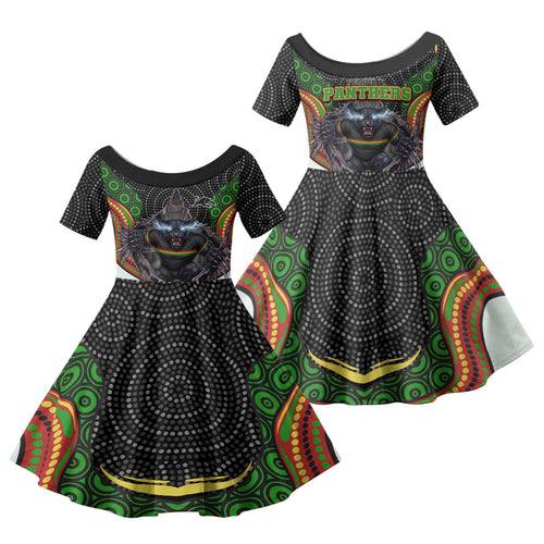 Penrith Panthers Family Matching Long Sleeve Bodycon Dress and Hawaiian Shirt The Scream of Lightning Eyes - Indigenous Dot Ripping Effect