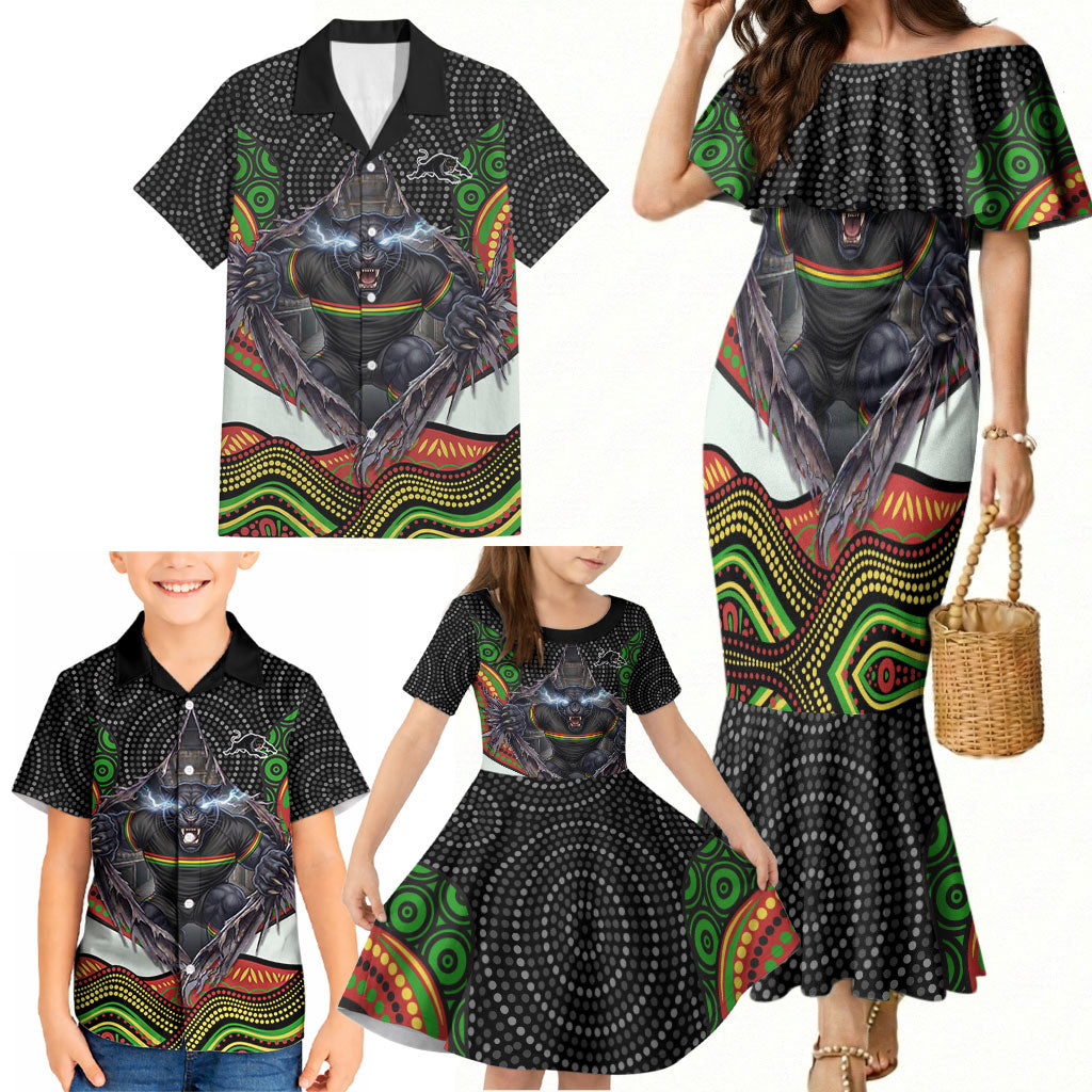 Penrith Panthers Family Matching Mermaid Dress and Hawaiian Shirt The Scream of Lightning Eyes - Indigenous Dot Ripping Effect