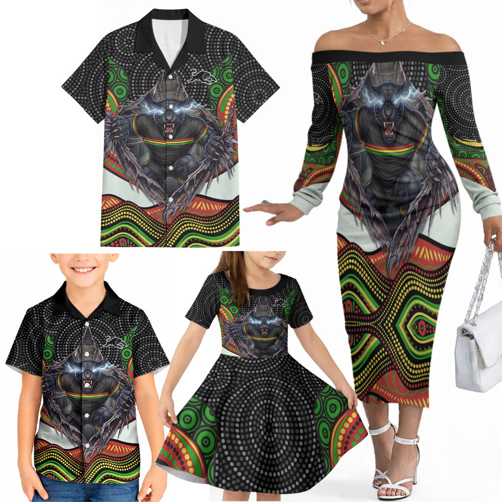 Penrith Panthers Family Matching Off The Shoulder Long Sleeve Dress and Hawaiian Shirt The Scream of Lightning Eyes - Indigenous Dot Ripping Effect