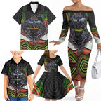 Penrith Panthers Family Matching Off The Shoulder Long Sleeve Dress and Hawaiian Shirt The Scream of Lightning Eyes - Indigenous Dot Ripping Effect