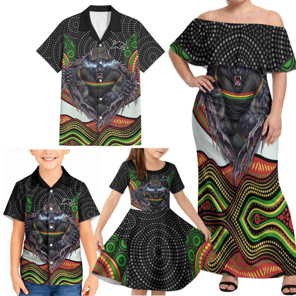 Penrith Panthers Family Matching Off Shoulder Maxi Dress and Hawaiian Shirt The Scream of Lightning Eyes - Indigenous Dot Ripping Effect