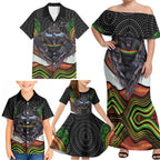 Penrith Panthers Family Matching Off Shoulder Maxi Dress and Hawaiian Shirt The Scream of Lightning Eyes - Indigenous Dot Ripping Effect
