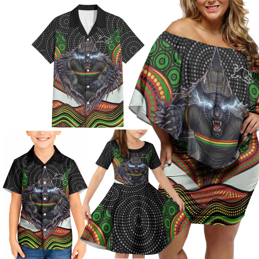 Penrith Panthers Family Matching Off Shoulder Short Dress and Hawaiian Shirt The Scream of Lightning Eyes - Indigenous Dot Ripping Effect