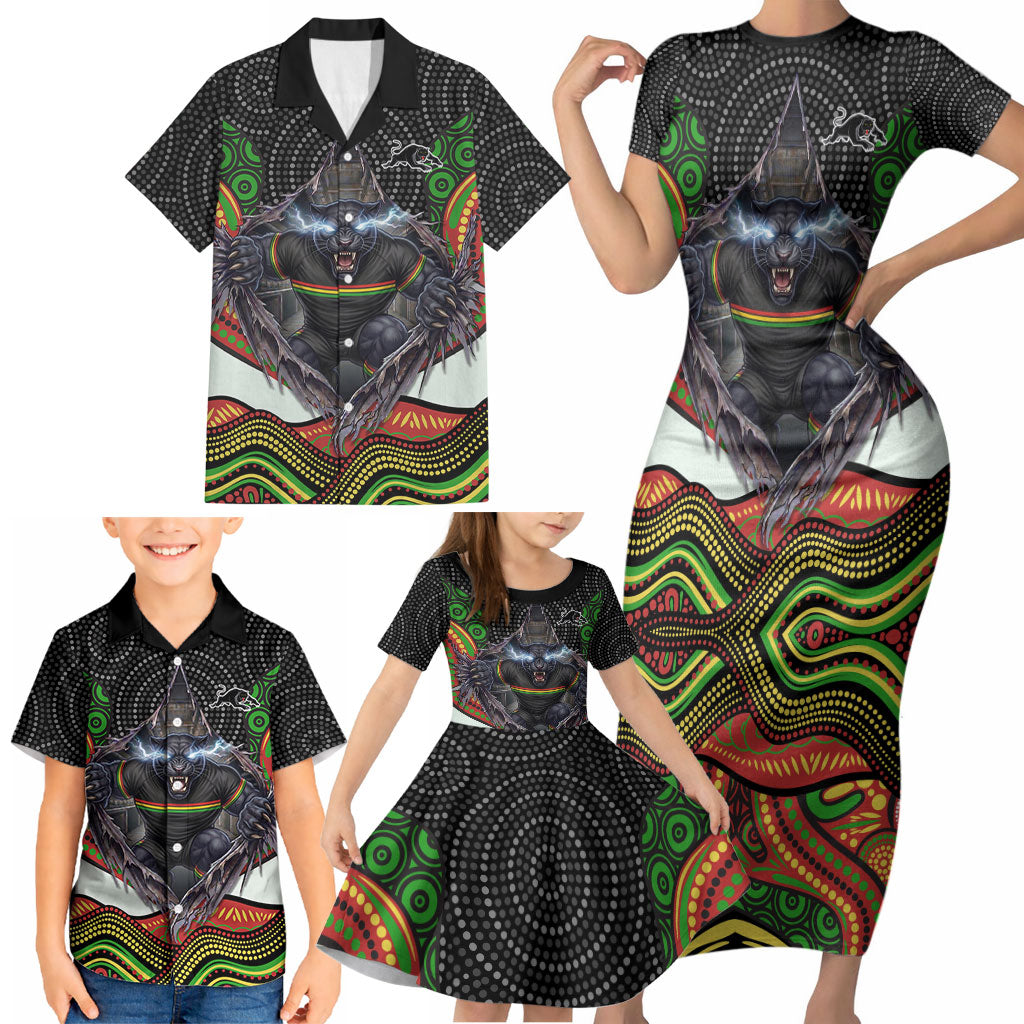 Penrith Panthers Family Matching Short Sleeve Bodycon Dress and Hawaiian Shirt The Scream of Lightning Eyes - Indigenous Dot Ripping Effect