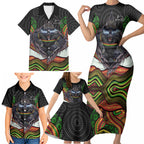 Penrith Panthers Family Matching Short Sleeve Bodycon Dress and Hawaiian Shirt The Scream of Lightning Eyes - Indigenous Dot Ripping Effect