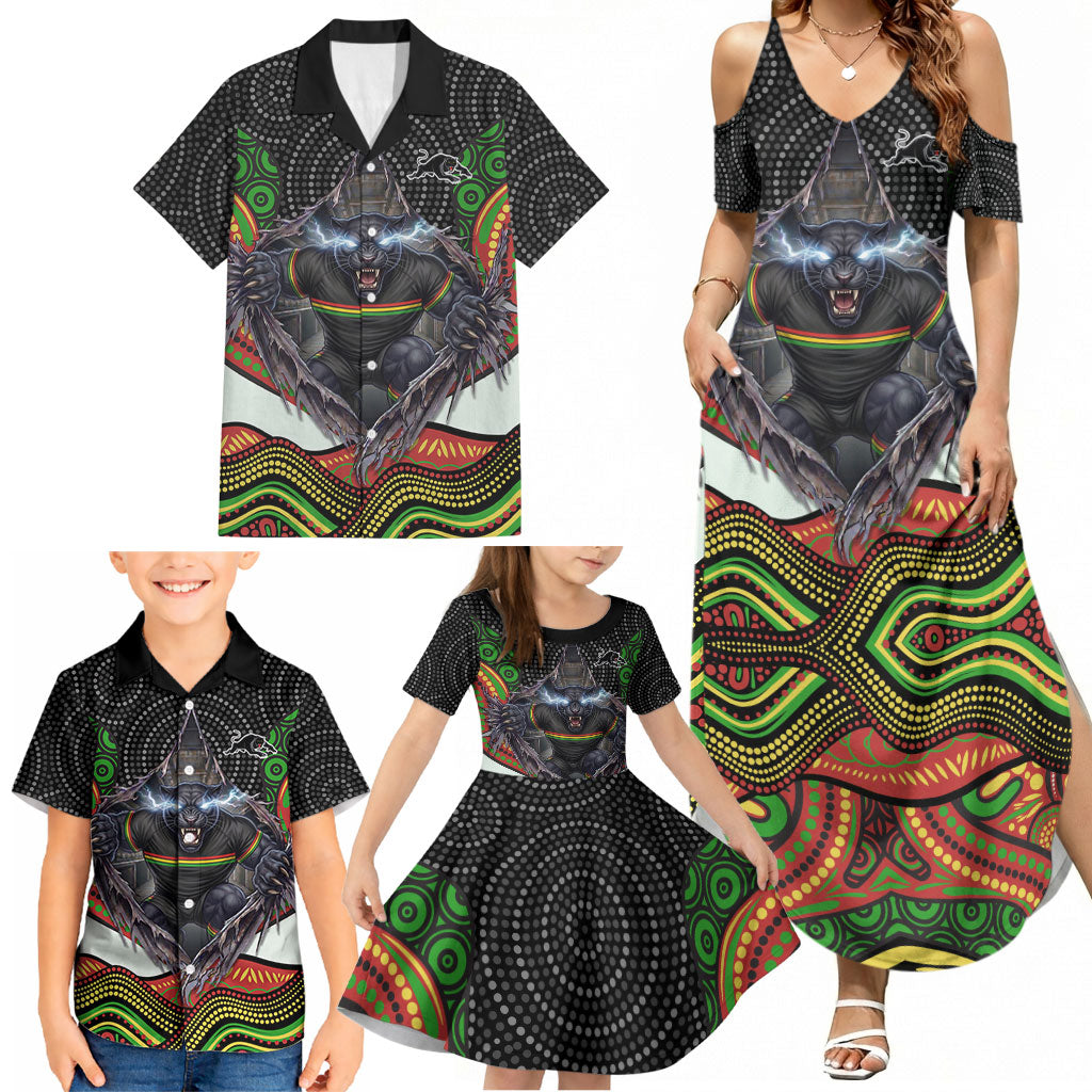 Penrith Panthers Family Matching Summer Maxi Dress and Hawaiian Shirt The Scream of Lightning Eyes - Indigenous Dot Ripping Effect
