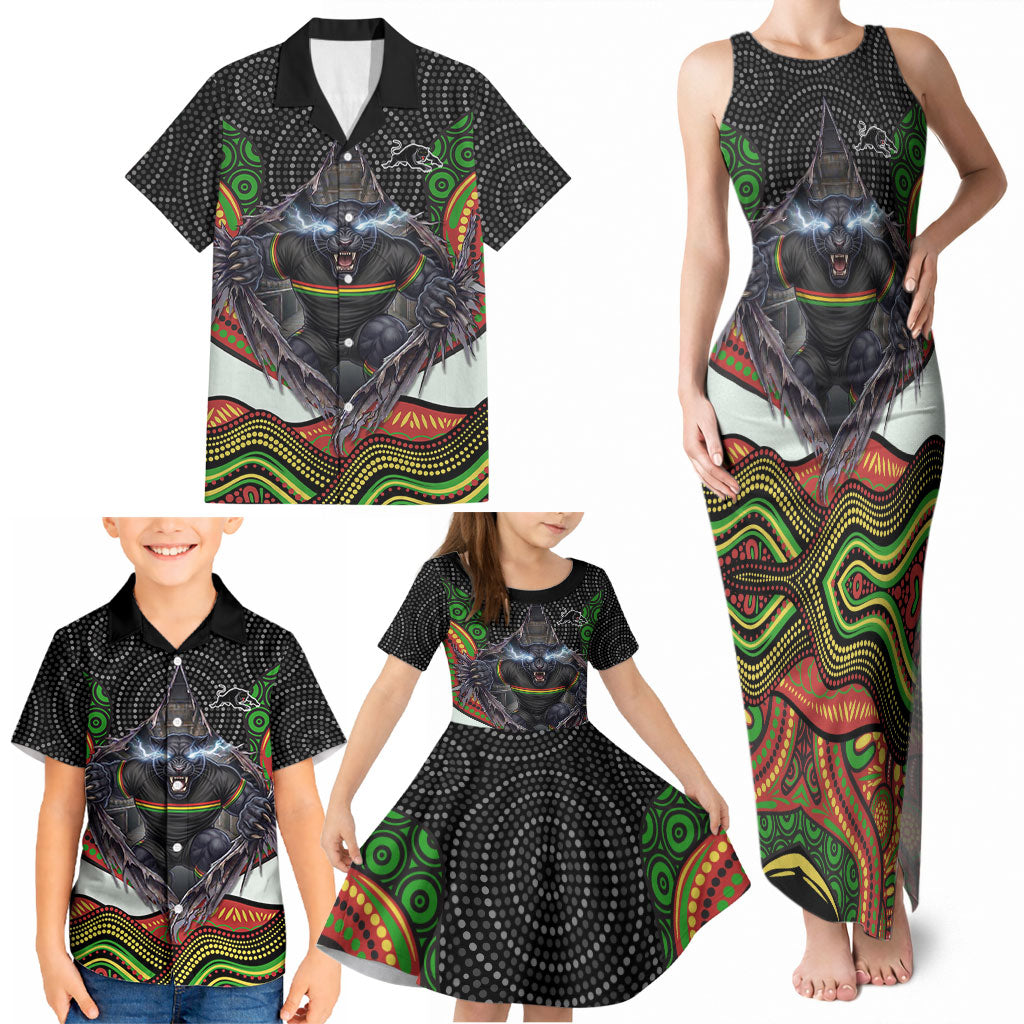 Penrith Panthers Family Matching Tank Maxi Dress and Hawaiian Shirt The Scream of Lightning Eyes - Indigenous Dot Ripping Effect