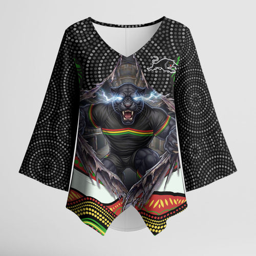 Penrith Panthers Kimono Sleeve Blouse The Scream of Lightning Eyes - Indigenous Dot Ripping Effect
