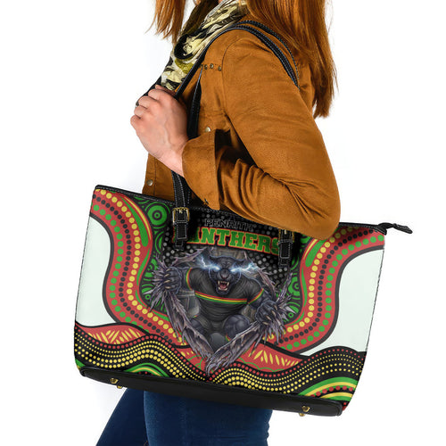 Penrith Panthers Leather Tote Bag The Scream of Lightning Eyes - Indigenous Dot Ripping Effect