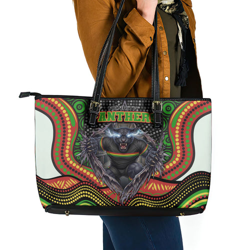 Penrith Panthers Leather Tote Bag The Scream of Lightning Eyes - Indigenous Dot Ripping Effect