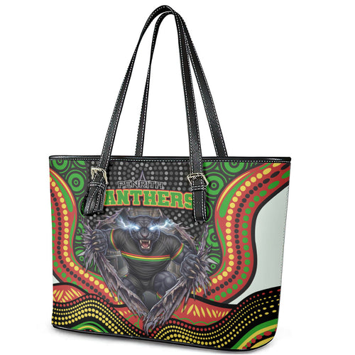 Penrith Panthers Leather Tote Bag The Scream of Lightning Eyes - Indigenous Dot Ripping Effect