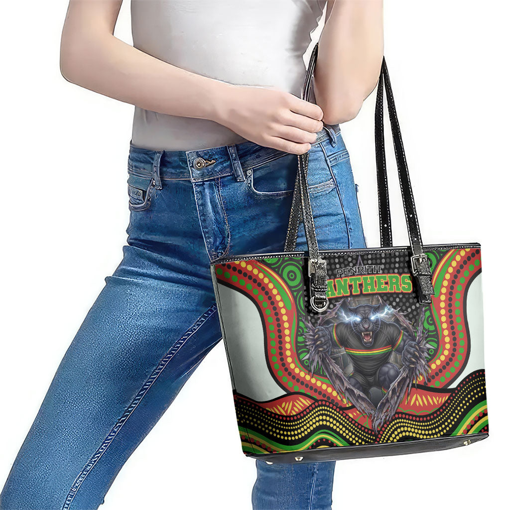 Penrith Panthers Leather Tote Bag The Scream of Lightning Eyes - Indigenous Dot Ripping Effect