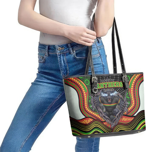 Penrith Panthers Leather Tote Bag The Scream of Lightning Eyes - Indigenous Dot Ripping Effect