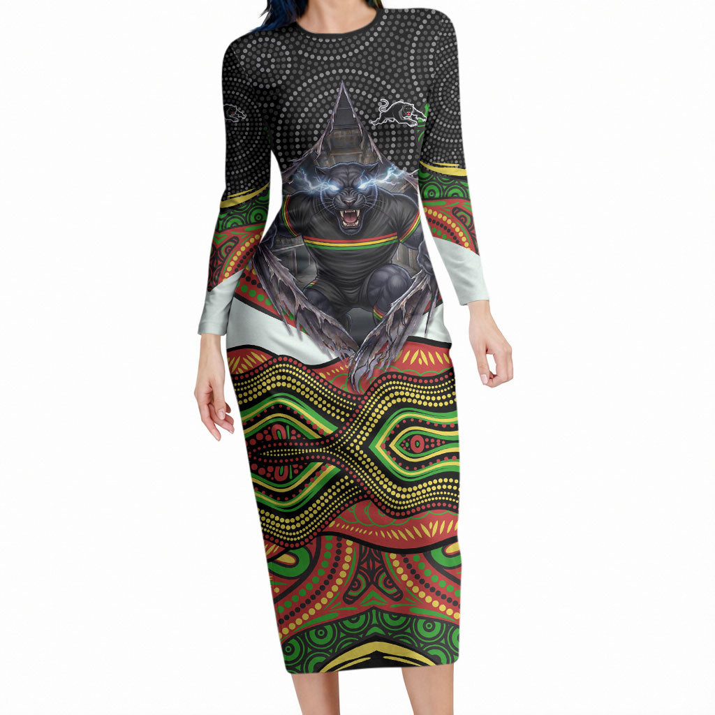 Penrith Panthers Long Sleeve Bodycon Dress The Scream of Lightning Eyes - Indigenous Dot Ripping Effect