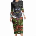 Penrith Panthers Long Sleeve Bodycon Dress The Scream of Lightning Eyes - Indigenous Dot Ripping Effect
