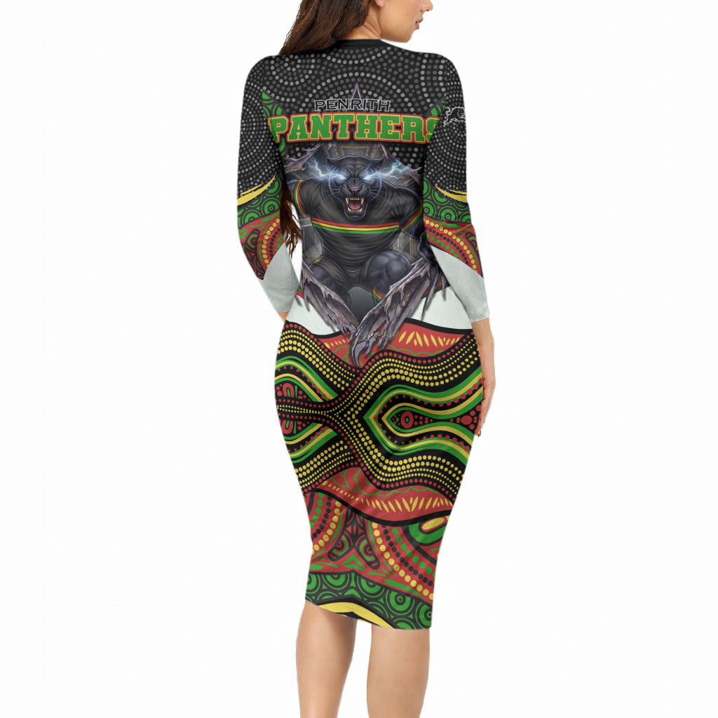 Penrith Panthers Long Sleeve Bodycon Dress The Scream of Lightning Eyes - Indigenous Dot Ripping Effect