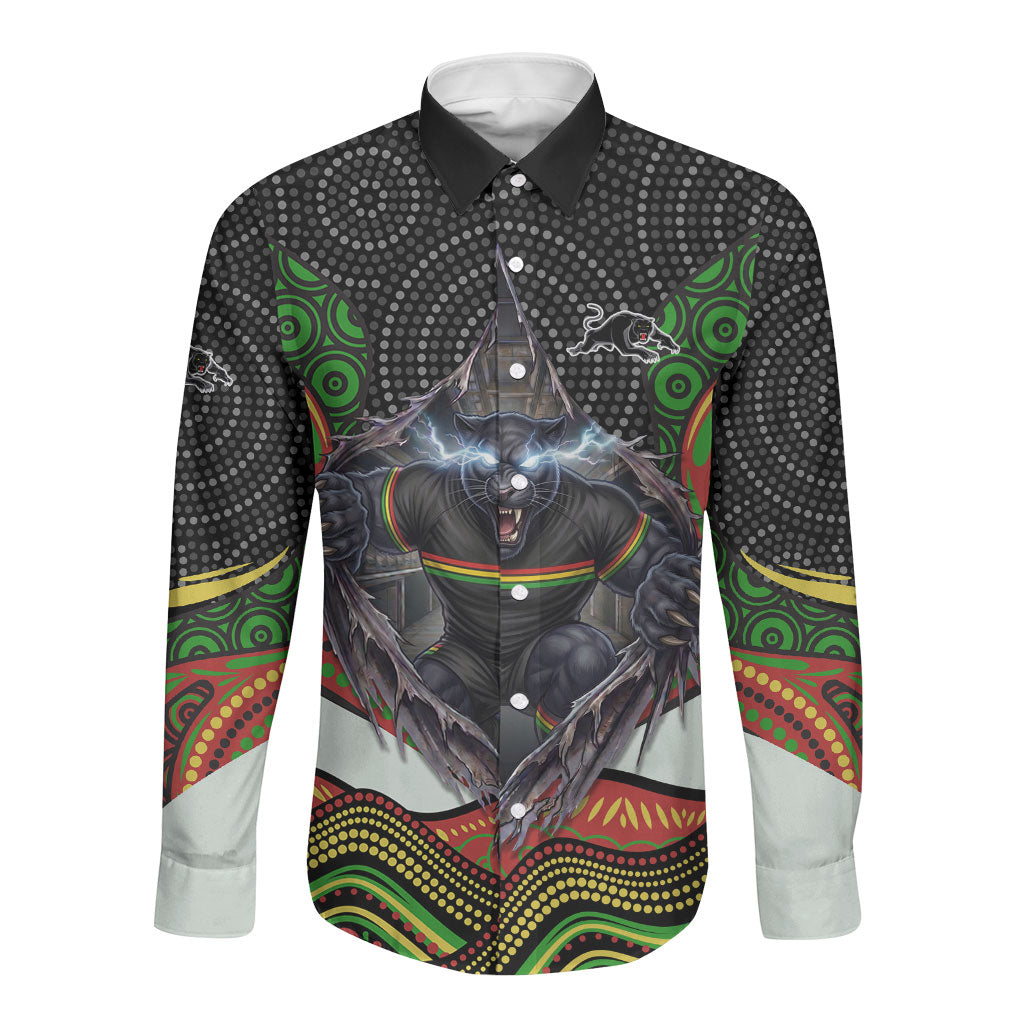 Penrith Panthers Long Sleeve Button Shirt The Scream of Lightning Eyes - Indigenous Dot Ripping Effect