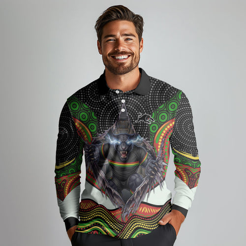 Penrith Panthers Long Sleeve Polo Shirt The Scream of Lightning Eyes - Indigenous Dot Ripping Effect