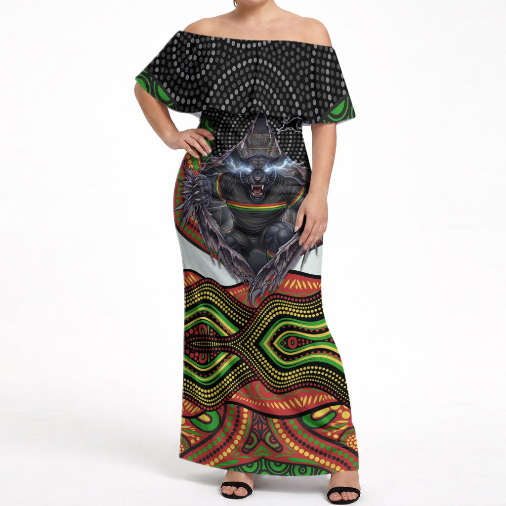 Penrith Panthers Off Shoulder Maxi Dress The Scream of Lightning Eyes - Indigenous Dot Ripping Effect