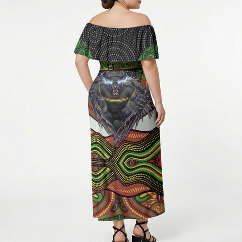 Penrith Panthers Off Shoulder Maxi Dress The Scream of Lightning Eyes - Indigenous Dot Ripping Effect