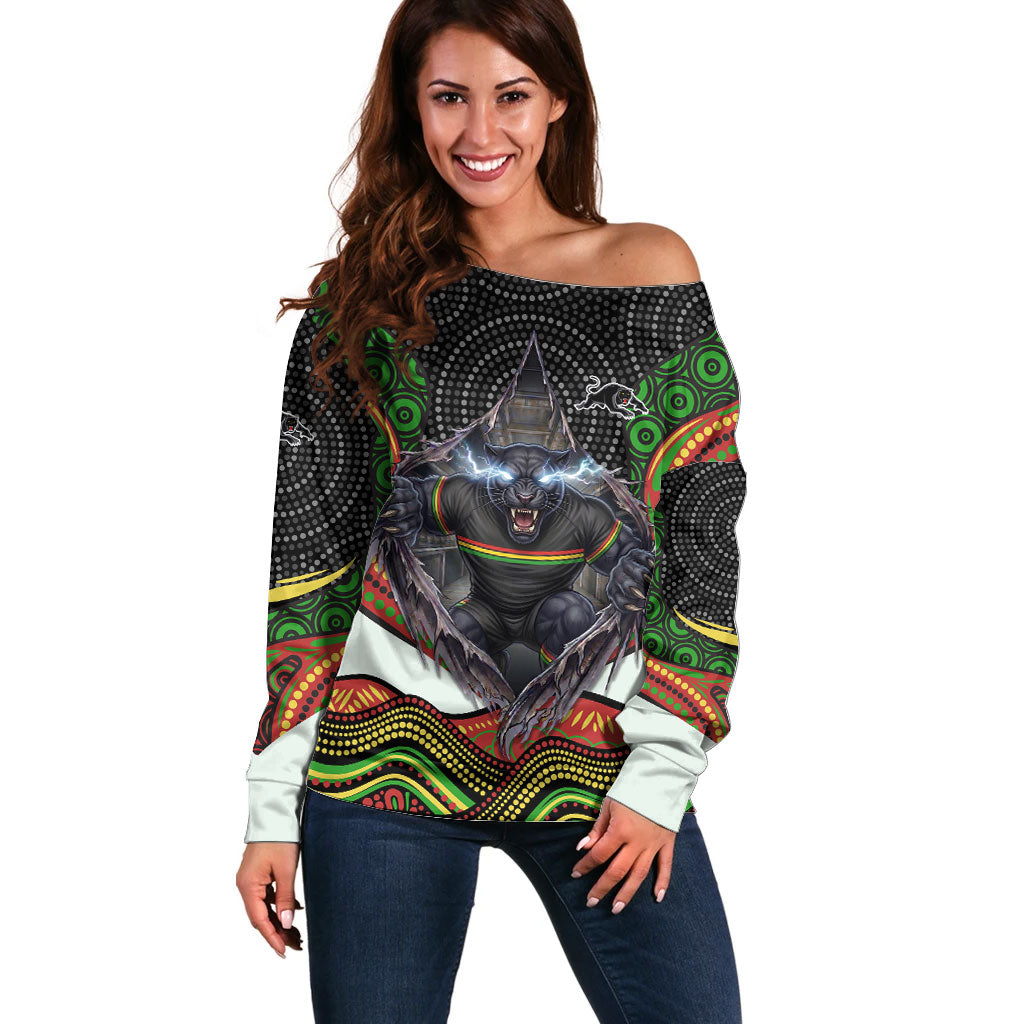 Penrith Panthers Off Shoulder Sweater The Scream of Lightning Eyes - Indigenous Dot Ripping Effect