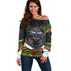 Penrith Panthers Off Shoulder Sweater The Scream of Lightning Eyes - Indigenous Dot Ripping Effect