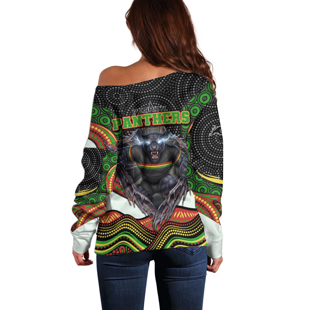 Penrith Panthers Off Shoulder Sweater The Scream of Lightning Eyes - Indigenous Dot Ripping Effect