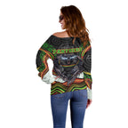 Penrith Panthers Off Shoulder Sweater The Scream of Lightning Eyes - Indigenous Dot Ripping Effect