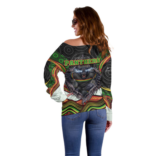 Penrith Panthers Off Shoulder Sweater The Scream of Lightning Eyes - Indigenous Dot Ripping Effect
