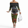 Penrith Panthers Off The Shoulder Long Sleeve Dress The Scream of Lightning Eyes - Indigenous Dot Ripping Effect